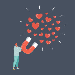 Vector illustration of lovecollect. Man attracting love and likes with big magnet. Social approval