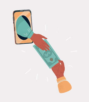 Vector illustration of screen phone with human hands give dollars to each other. Isolated on a white background