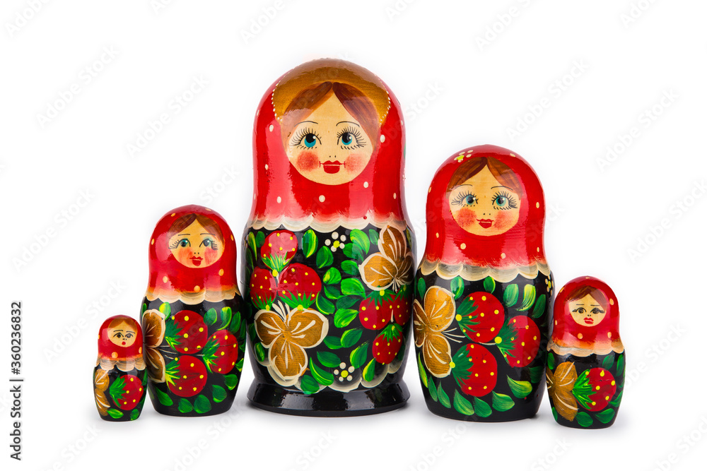 Wall mural wooden Russian dolls in red, isolate on a white background