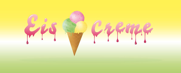 Schriftzug Eis Cream mit einer Waffeleistüte mit Fruchteis.