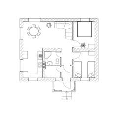 Black and White floor plan of a modern apartment. Detailed architectural vector blueprint. 