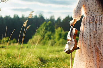 The brunette girl with a violin outdoor © Olga Gimaeva