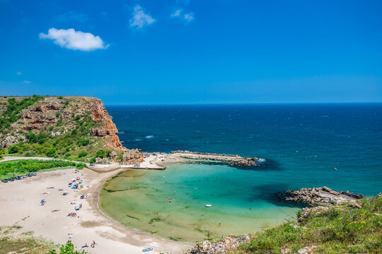 Aerial view of the Bolata beach in Bulgaria.Bolata  is a small cove and Nature reserve located in the Northern. The sandy beach is of natural origin and is unique for scandalous shores in the Kaliakra