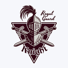 Knight helmet and crossed swords vector emblem