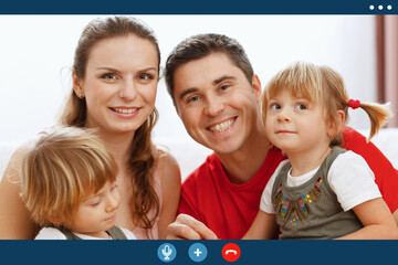 Video call screen of family with two kids