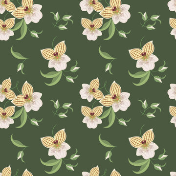 Vector floral seamless pattern. Tropical background with hand drawn orchid flowers, buds and green leaves. Stylish botanical texture. Simple repeat design for textile, fabric, wallpaper, cover, print