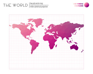 Abstract world map. Miller cylindrical projection of the world. Red Purple colored polygons. Trending vector illustration.