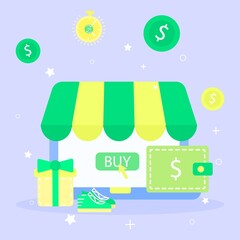 Store retail internet business design, vector illustration. Shop purchase with electronic wallet, commerce sale concept. Buy with digital money, card and cartoon discount. Seller computer button.