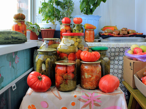 Home Canning Of Vegetables. Canned Vegetables In Cans.