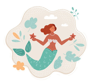 Vector illustration of Mermaid woman with starfish in her hands.