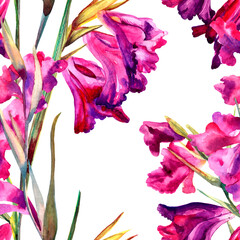 Watercolor drawing of wild meadow flowers, buds, inflorescences and leaves. Summer design. Design wallpaper, textiles, packaging, packaging paper, fabric. Seamless pattern.