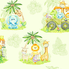 Fototapeta premium Tropical animals, plants, flowers, SUV.. Watercolor seamless pattern, on a light green background. Children's digital paper and textiles.