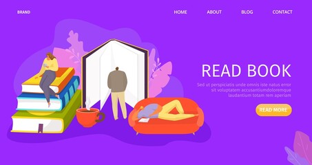 People read book everywhere, vector illustration. Education and leisure concept, man woman character read flat literature. Happy cartoon group on couch, tea cup and large stack book.