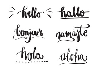 Hello brush lettering in six different languages. Hand-drawn lettering. Vector illustration. © Selma