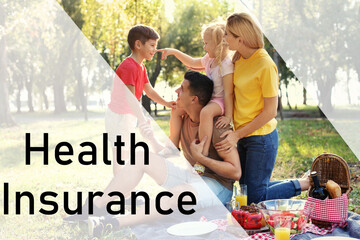 Happy family having picnic in park. Health insurance