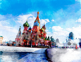 Sketch and Drawing Digital with color marker pen of St. Basil's Cathedral in Red square in Moscow city, Russia