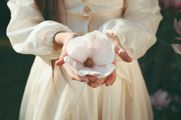 Hands offering magnolia flower