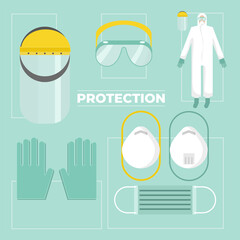 Coronavirus protection tips, equipment and safety practices, vector infographic. Hazard suit, medical mask, medical gloves, goggles and protective visor.