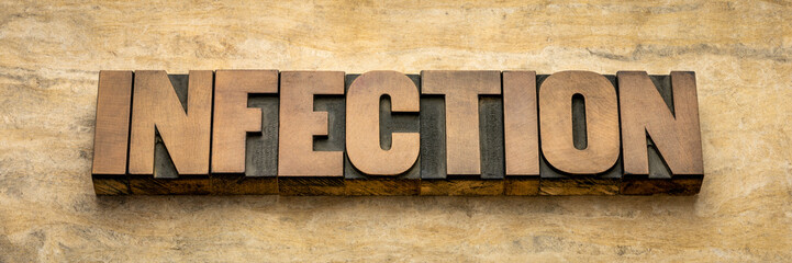 infection word abstract in vintage letterpress wood type, medicine and health concept, web banner