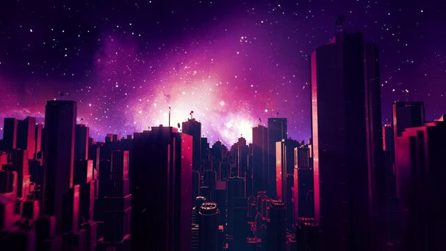 Retro futuristic city flythrough seamless loop. 80s sci-fi synthwave landscape in space with stars. Looping vaporwave stylized VJ 3D animation for EDM music video, videogame intro. 4K motion design
