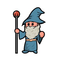 Cute blue wizard and the magic staff