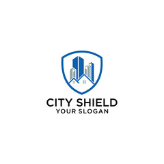 Shield with Building Idea logo template, Modern City with Shield logo designs concept, Real Estate logo Vector Illustration