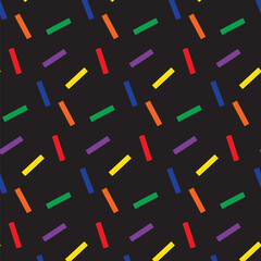 Seamless pattern with colorful sticks. Print for textile, gift wrapping paper, cards, web and design. Celebration style. Christmas presents, confetti. Black background with color elements