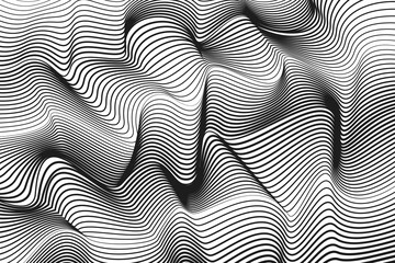 Black and white technology striped pattern. Deformed surface, bw strips. Abstract squiggly lines. Vector op art design, subtle line. Radio, sound waves. Monochrome background. Optical illusion. EPS10