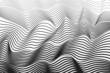 Black squiggle curves, white background. Abstract line art design. Vector techno optical illusion. BW striped pattern. Radio, sound waves concept. Monochrome texture with gradient. EPS10 illustration