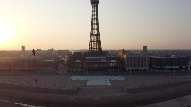 Drone shots of Blackpool's cityscape at dusk. Shot on an early summer morning, the town is beautiful. The town is deserted since covid19 as coronavirus has destroyed the tourism and local economy 