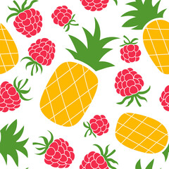 Raspberry and pineapple seamless pattern. Hand drawn fresh fruit. Vector sketch background. Color doodle wallpaper. Tropical print