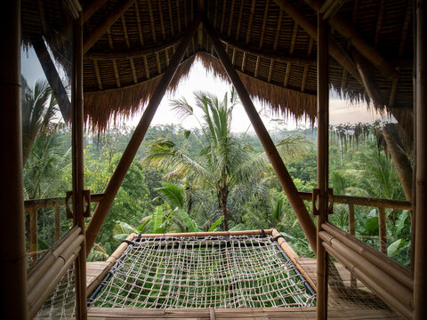 Bamboo balcony with hammock of the tropical tree house.