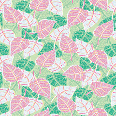 Variegated foliage with pink white and green leaves seamless vector pattern. Decorative surface print design with recent house plants trend. For fabrics, stationery, gift wrap, textile, and packaging.