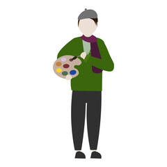 Flat vector Illustration of an artist in a beret and with a scarf. Painter with a palette and a brush in his hands.