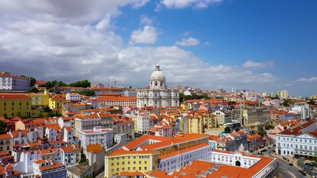 Aerial, drone shot towards the National Pantheon, on a bright, sunny day, in Alfama, Lisbon, Portugal