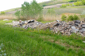 Pile of construction debris and waste near the summer young forest.