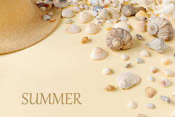  Beautiful straw hat with shells on the ocean coast. Nature summer background.