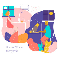 Colleagues discuss work tasks stay at home and on different ends of the earth, different time zone. Vector illustration 