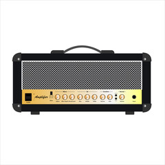 Isolated black vintage electric guitar amplifier, equipment for musician flat logo or icon style, print for tee-shirt and graphic design, Musical sales business. vector and illustration.