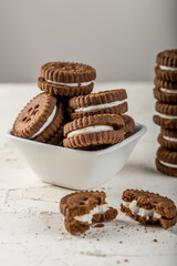 Chocolate chip cookies stacked with milk