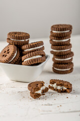 Chocolate chip cookies stacked with milk