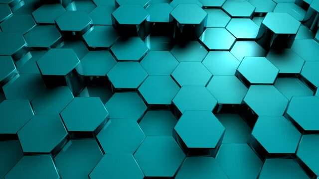 Abstract Blue hexagon geometric surface, black minimal texture with neon orange holographic glow, random fluctuation of the canvas movement background. Seamless loop 3D pattern digital motion graphics