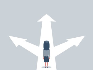 Business decision concept vector illustration. Businesswoman standing on the crossroads with three arrows and directions. vector illustration.