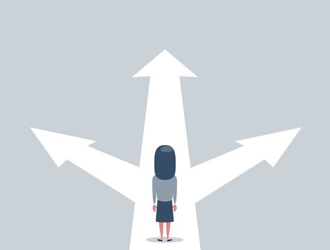 Business decision concept vector illustration. Businesswoman standing on the crossroads with three arrows and directions. vector illustration.