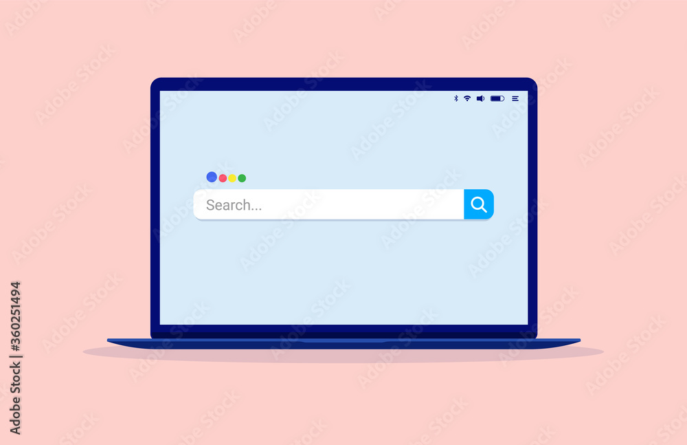Poster laptop computer with search engine on screen. online search, and seeking information on internet con