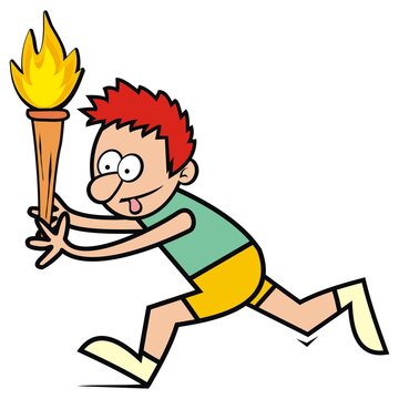 Runner With Olympic Flame, Humorous Vector Illustration, Cartoon