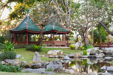 MUEANG BORAN, ANCIENT SIAM (ANCIENT CITY), SAMUT PRAKAN PROVINCE, BANGKOK, THAILAND - March 19, 2017 : Beautiful gazebo neat the river at park museum Muang Boran