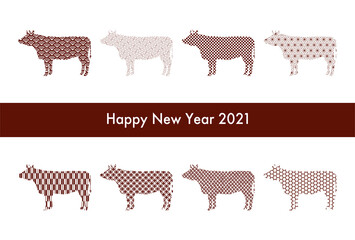 2021年丑年の年賀状イラスト: 牛の和柄シルエット
