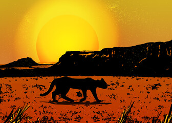 Silhouette of a Panther at the habitat destroyed by drought. Climate change crisis. Digital Illustration. Desertification concept.