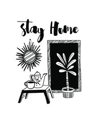 Vector illustration. Lettering quote 'Stay home'. Hand drawn design for card, printing, background. Style monochrome art.